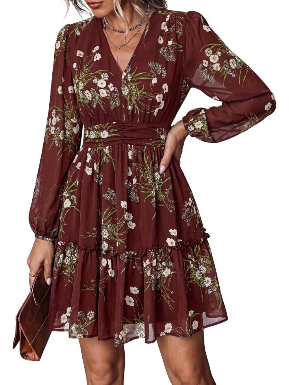 〽️Women Floral Mini Dress V Neck Long Sleeve Ruffle Hem A Line Wedding Dress